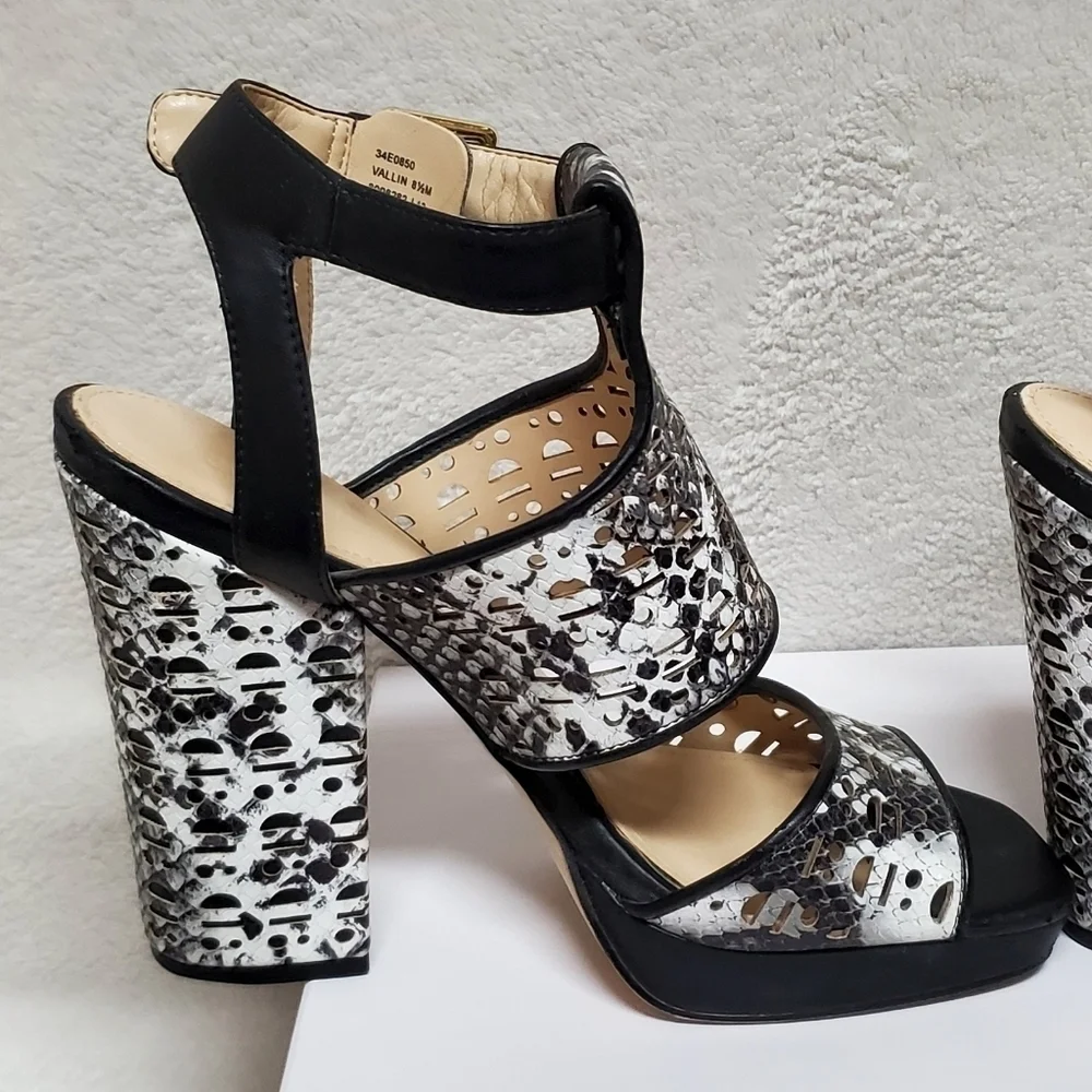 CALVIN Klein Vallin Black White Snakeskin Laser Strap Platform Block Heel Sandal